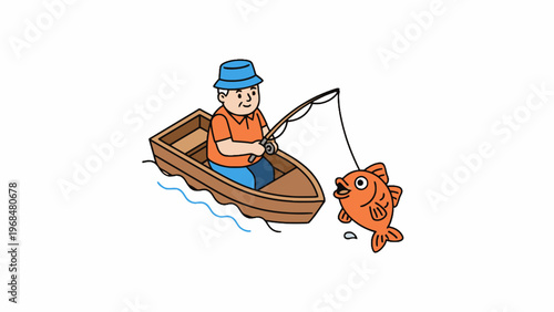 Fisherman catching fish on wooden boat vector illustration