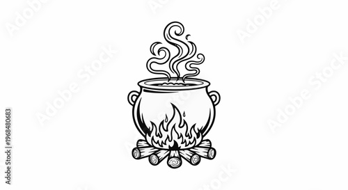 A black and white illustration of a cauldron over a fire with steam rising