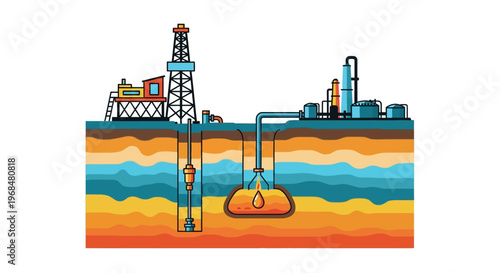 Conceptual illustrative diagram of a petroleum extraction site with a drilling rig and a pipeline connected to an underground reservoir, presented in a cutaway view against a clean white