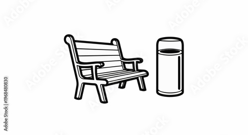 A black and white illustration of a park bench and trash can