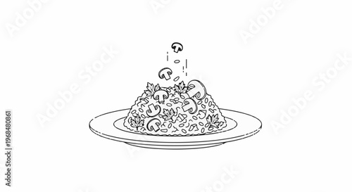 A black and white illustration of a mound of rice with mushrooms and herbs on a plate