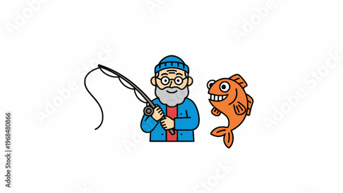 Old Fisherman Holding Rod with Smiling Fish Cartoon Vector