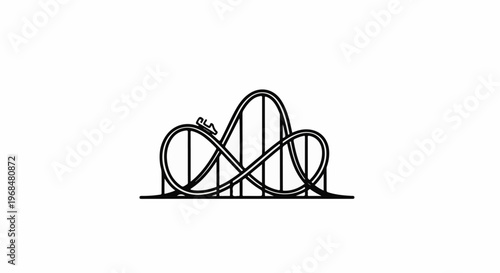 A black and white illustration of a roller coaster with a single cart