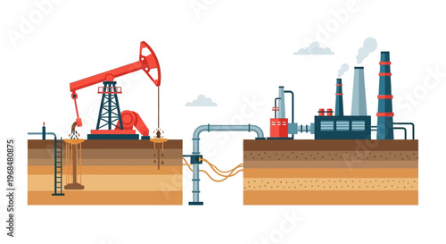 Diagrammatic illustration of an oil pumping unit connected by a pipeline to a refinery plant, shown in a cutaway view revealing geological strata and underground deposits, set