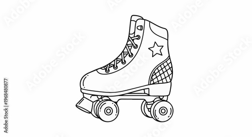 A black and white illustration of a retro roller skate with laces and a star