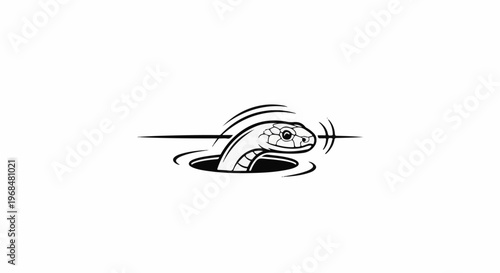 A black and white illustration of a snake's head emerging from a hole