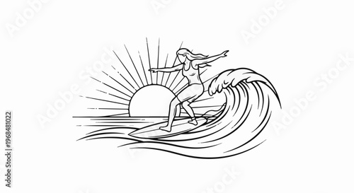 A black and white illustration of a surfer riding a wave at sunset