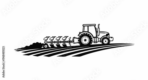 A black and white illustration of a tractor plowing a field with a multi-furrow plow