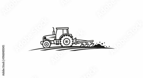 A black and white illustration of a tractor plowing a field