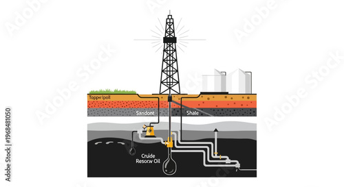 Detailed diagram illustrating the process of petroleum extraction from a deep underground oilfield using a drilling rig and a pipeline, set against a simple white background with a cutaway