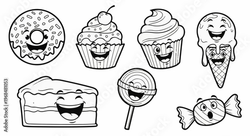 A delightful collection of cartoon desserts with happy faces, a coloring page