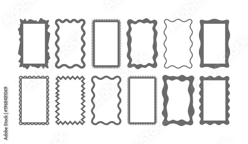 Decorative postage stamp frames vector set, wavy and jagged edge blank rectangular borders, vintage-inspired design elements for scrapbooking and photo albums