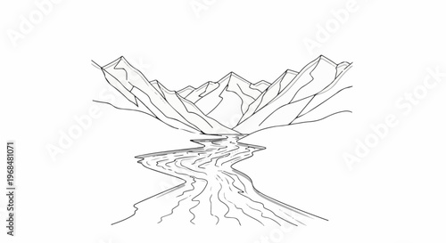 A black and white illustration of a winding river flowing through a mountain valley