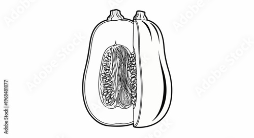 A detailed black and white illustration of a halved butternut squash