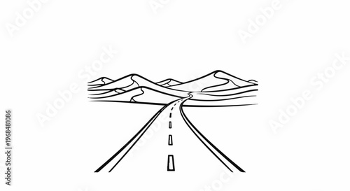 A desolate road winds through barren hills under a vast, empty sky