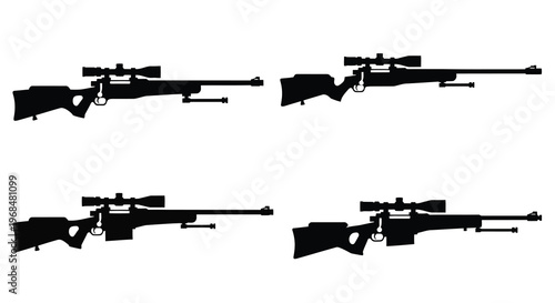 Four black silhouettes of sniper rifles displayed against a white background silhouette