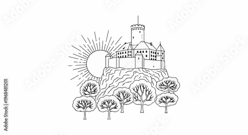 A detailed line drawing of a castle perched atop a rocky hill with trees in the foreground and a sun with rays