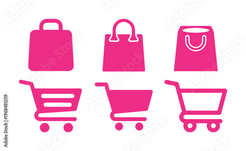 Vibrant pink shopping bag and cart icon set, essential e-commerce symbols, retail and consumerism vector graphics, online store and marketplace design elements