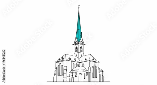 A detailed line drawing of a church with a turquoise steeple