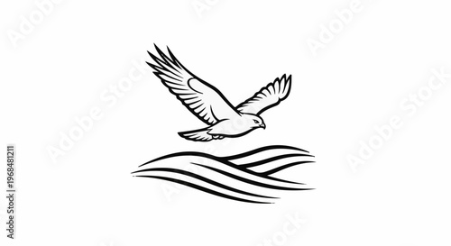 A black and white line drawing of a bird of prey flying over stylized waves