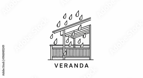 A line drawing depicts a covered outdoor structure with raindrops falling on it
