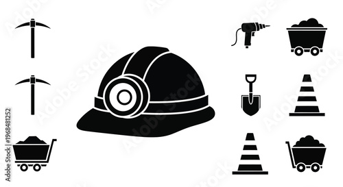 Mining equipment icons including a helmet and tools black silhouette