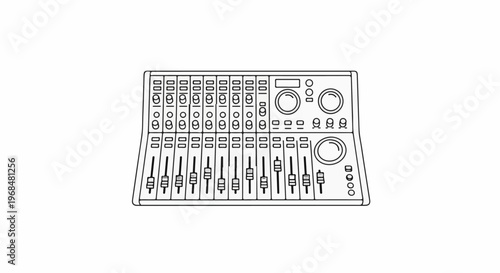 A detailed line drawing of a professional audio mixing console with many sliders and knobs