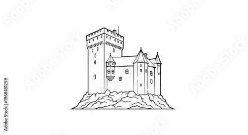 A detailed line drawing of a medieval castle perched on a rocky outcrop
