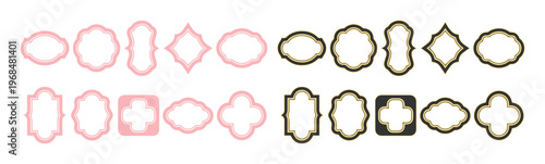 Elegant Label Frames Vector Set. Decorative Vintage Borders Collection. Ornate Pink and Gold Empty Badges for Text, Logos, and Graphic Design Projects. Classic Shaped Emblems.