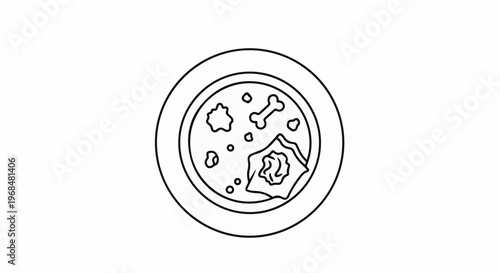 A black and white line drawing of a bowl of pet food with a bone and kibble