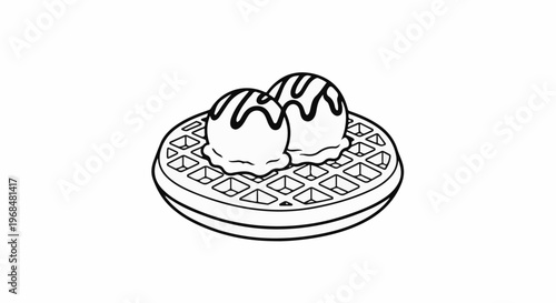 A line drawing of a round waffle topped with two scoops of ice cream with drizzle