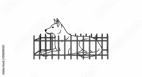 A dog rests inside a simple wire enclosure, viewed from the side