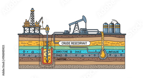 Illustration of oil extraction process showing drilling rig and pump jack extracting crude oil from underground reservoir layers
