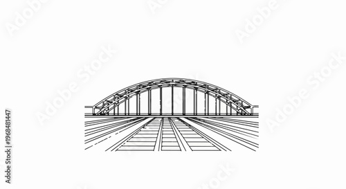A line drawing of a steel arch bridge over multiple train tracks
