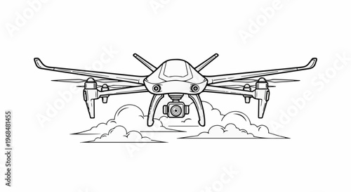 A drone with a camera flies through stylized clouds in a line drawing