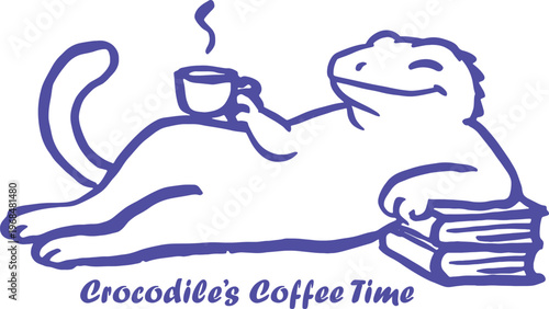 Crocodile relaxing with coffee and books