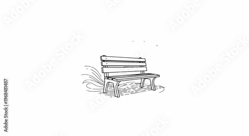 A line drawing of a wooden park bench with stylized waves and birds in flight