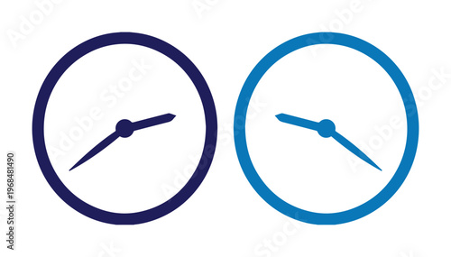 Minimalist clock icon set, two modern time indicators in dark blue and light blue, simple vector graphic elements for scheduling and deadlines