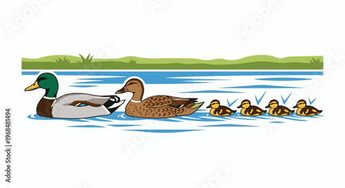 A family of ducks swims in a tranquil blue body of water