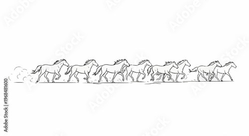 A line of horses gallops across a white background, kicking up dust