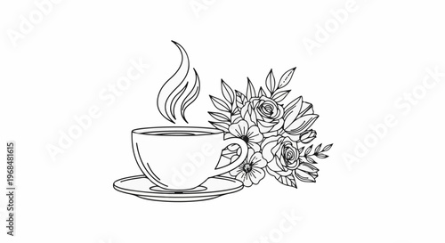 A line-art illustration of a steaming cup of coffee next to a floral arrangement