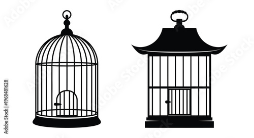 Two ornate birdcages depicted in striking black silhouette