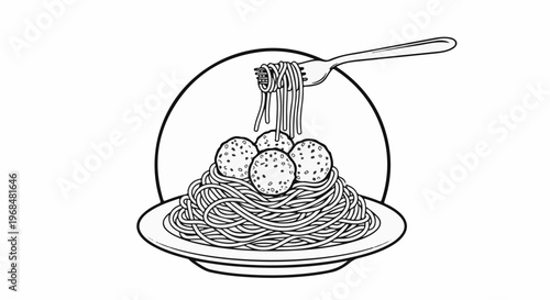 A fork twirls spaghetti and meatballs from a plate on a white background