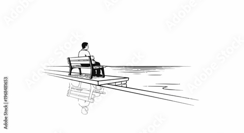 A lone figure sits on a bench overlooking calm water, casting a reflection