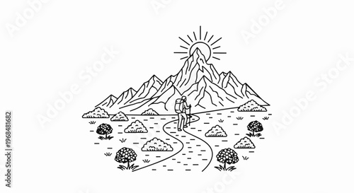 A lone hiker journeys on a winding path towards sun-drenched mountains