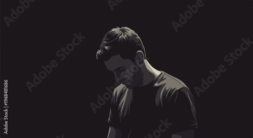 A pixelated, low-angle portrait of a man looking down in shadow