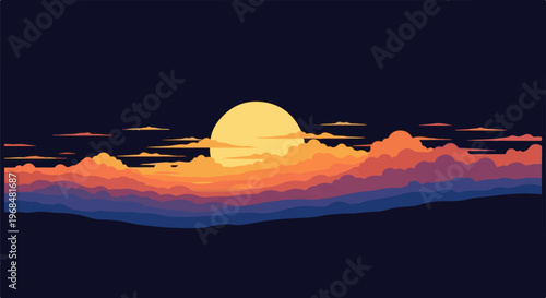 A pixel art sunset displays layers of orange clouds and purple mountains