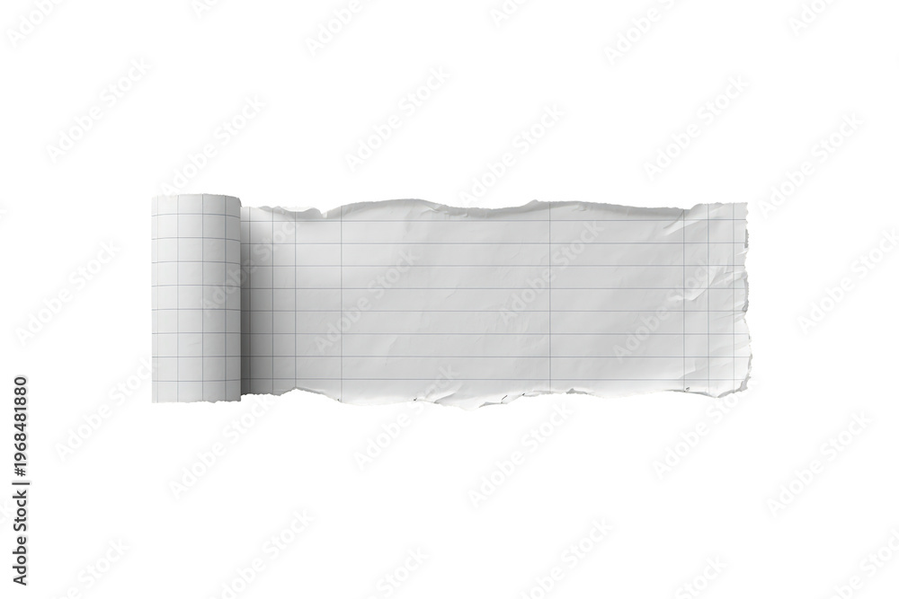 Obraz premium Torn graph paper piece with ruled lines, a curled edge, realistic shadow, and a transparent background