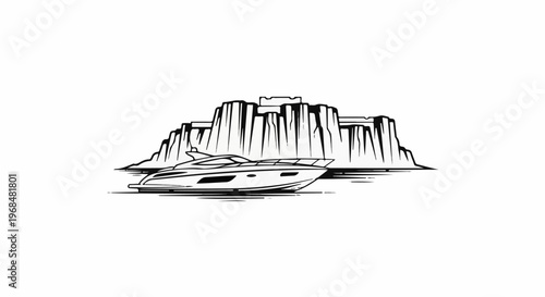 A luxury yacht sails before imposing cliff formations depicted in black and white