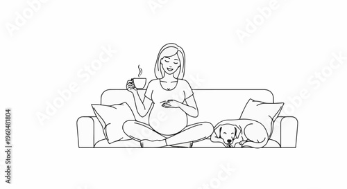 A pregnant woman with a dog enjoys a warm drink on a couch